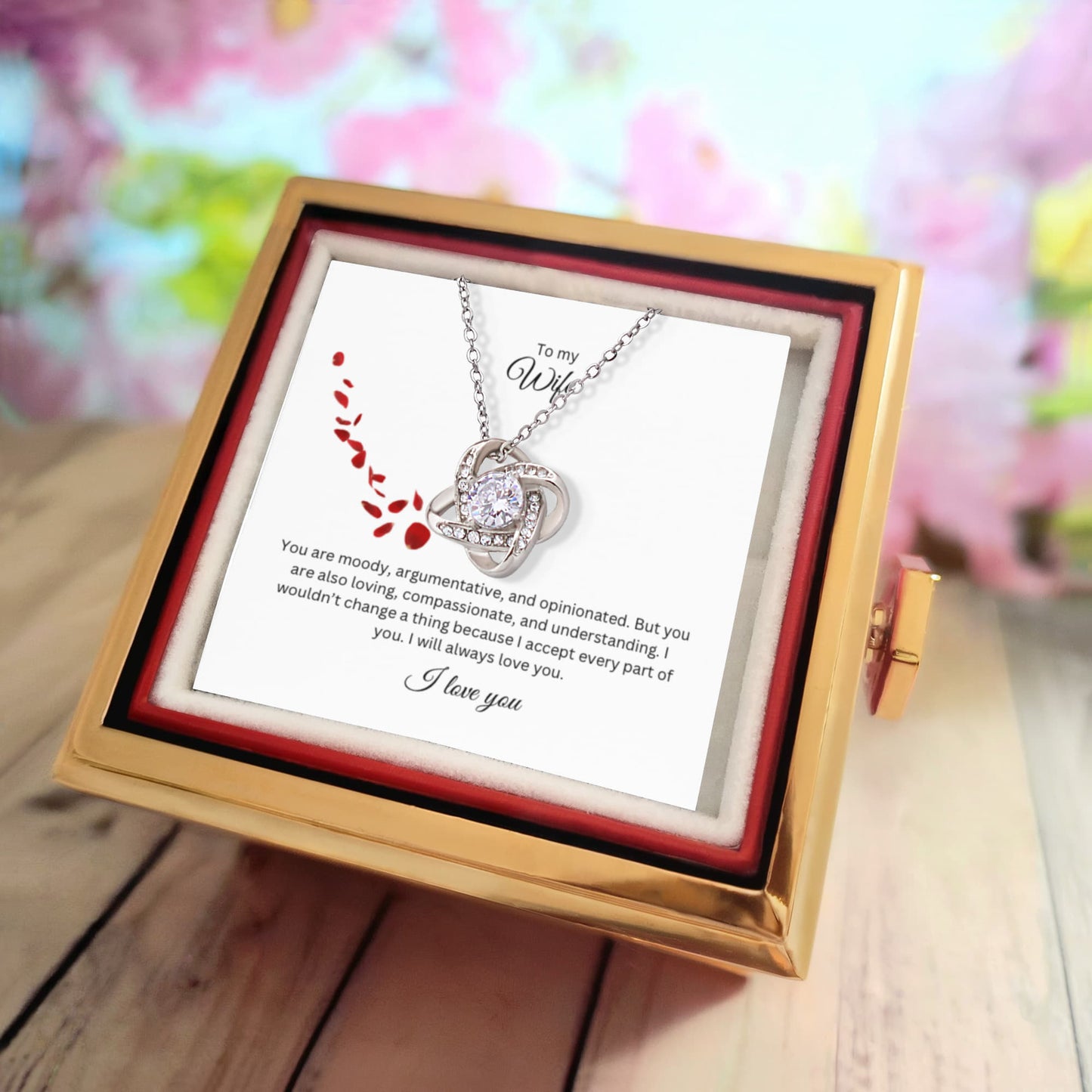 To My Wife: Love Knot Necklace with Rotating Rose Gift Box and Heartfelt Message Card, Meaningful Jewelry