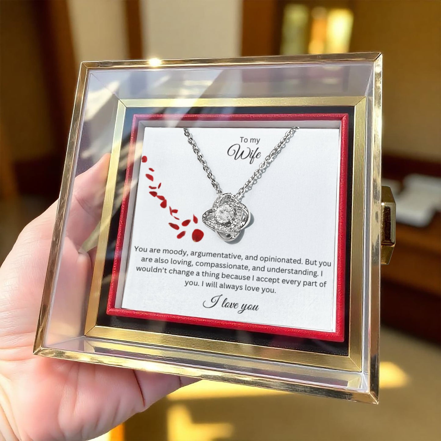 To My Wife: Love Knot Necklace with Rotating Rose Gift Box and Heartfelt Message Card, Meaningful Jewelry