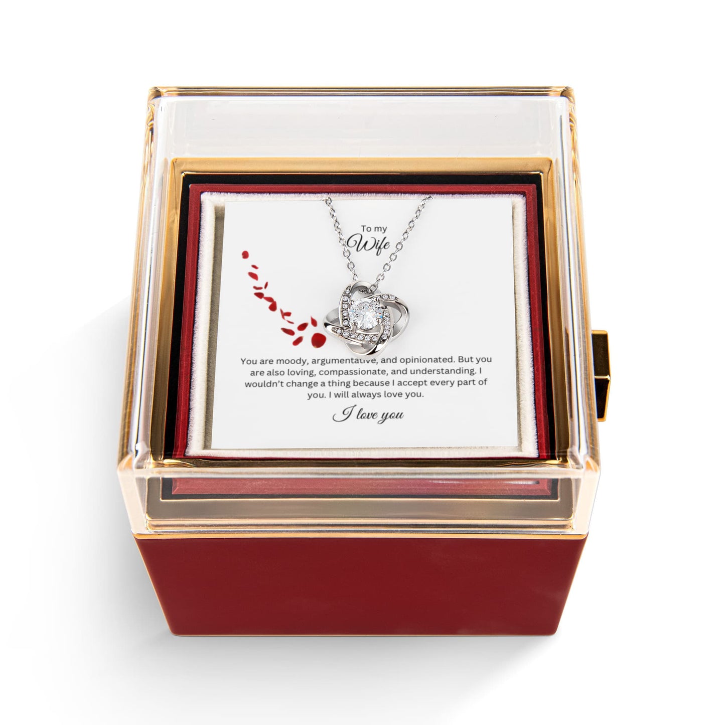 To My Wife: Love Knot Necklace with Rotating Rose Gift Box and Heartfelt Message Card, Meaningful Jewelry