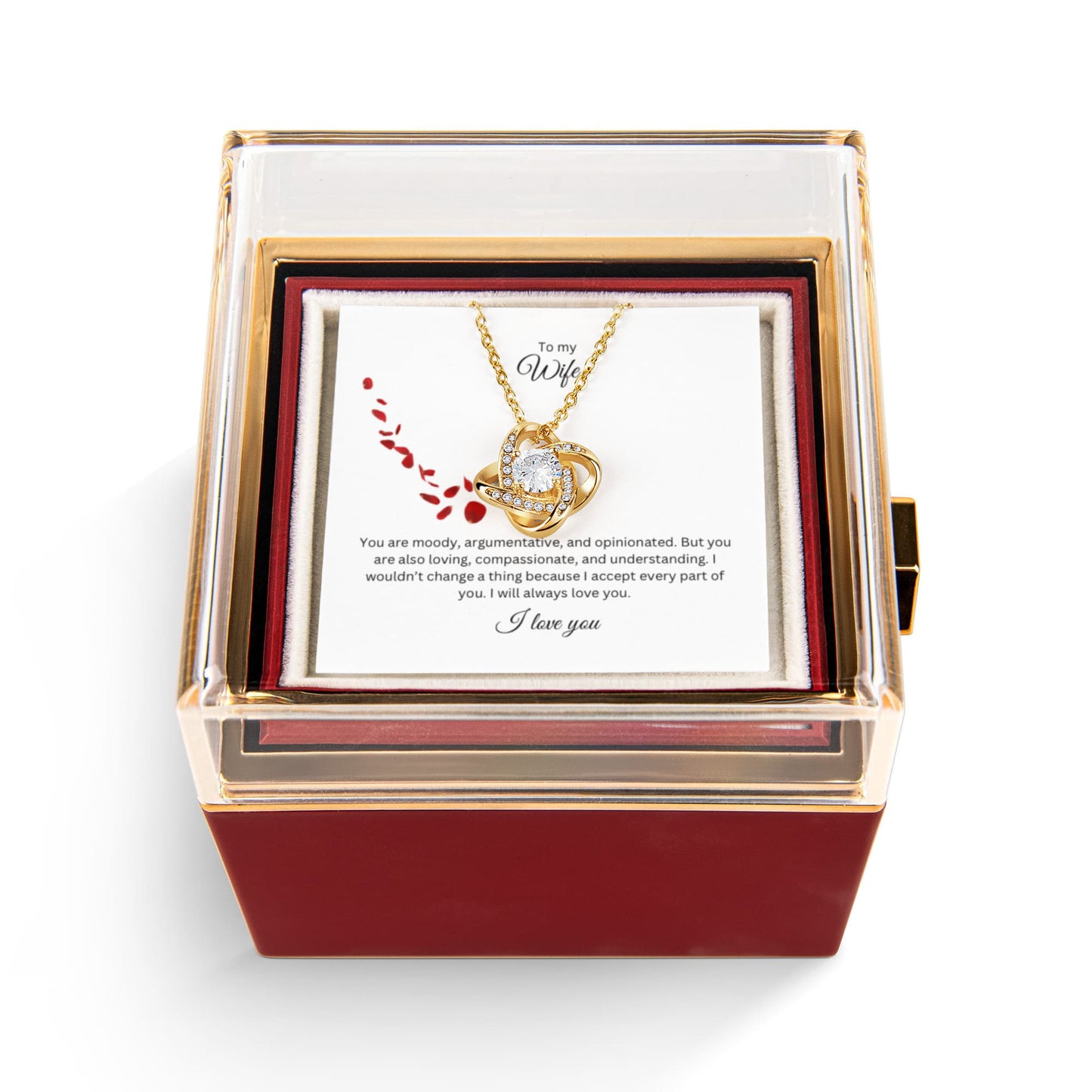 To My Wife: Love Knot Necklace with Rotating Rose Gift Box and Heartfelt Message Card, Meaningful Jewelry