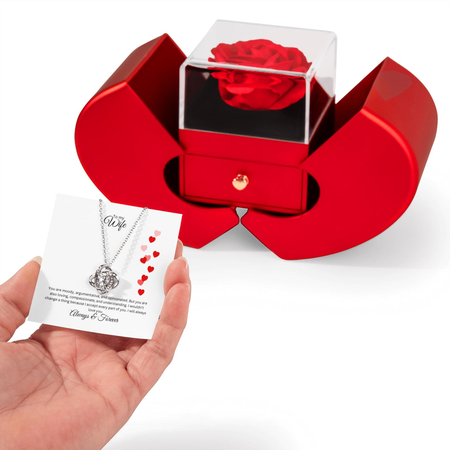 Love Knot Necklace with Red Heart Rose Box and Heartfelt Message Card, Meaningful Jewelry Gift