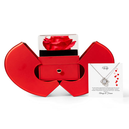 Love Knot Necklace with Red Heart Rose Box and Heartfelt Message Card, Meaningful Jewelry Gift
