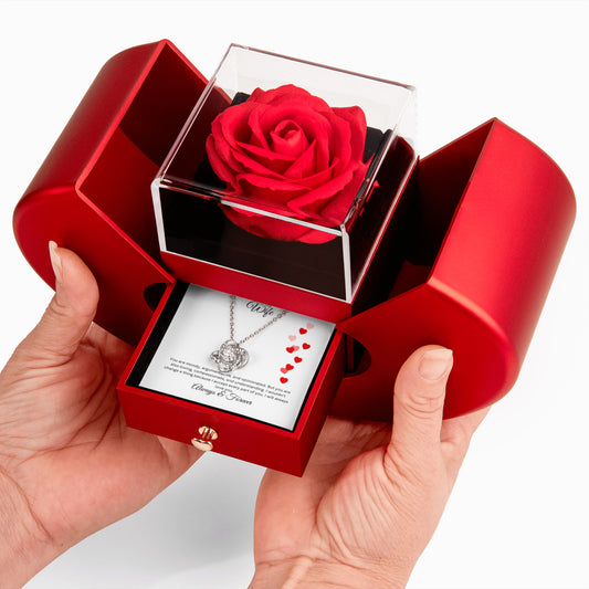 Love Knot Necklace with Red Heart Rose Box and Heartfelt Message Card, Meaningful Jewelry Gift