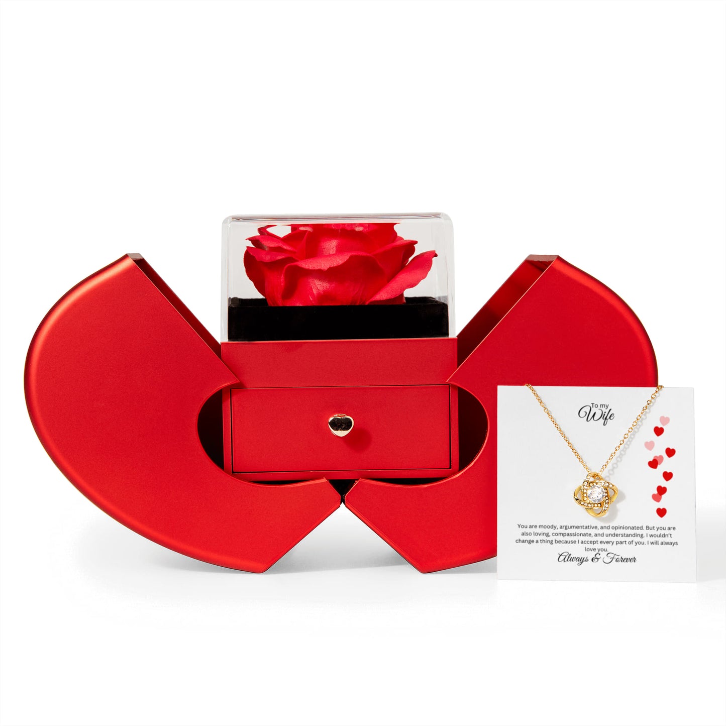 Love Knot Necklace with Red Heart Rose Box and Heartfelt Message Card, Meaningful Jewelry Gift