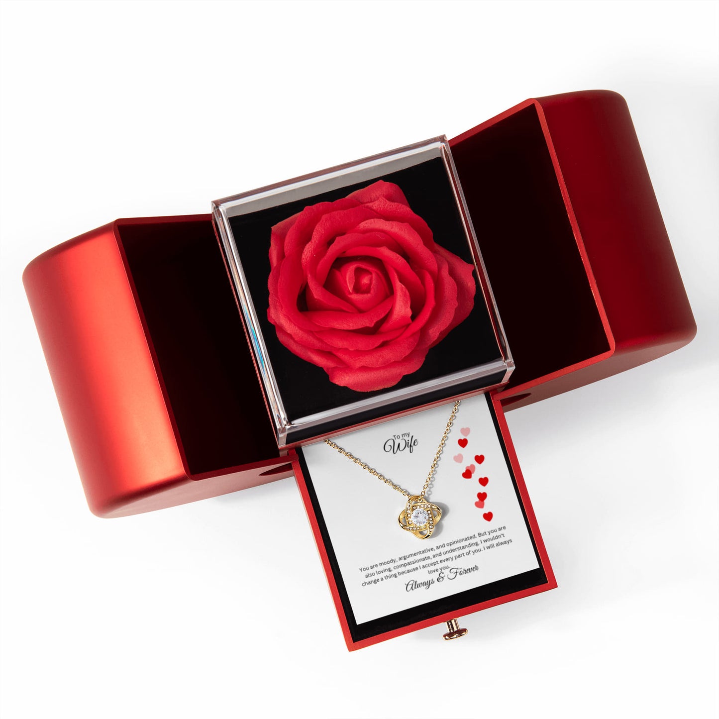 Love Knot Necklace with Red Heart Rose Box and Heartfelt Message Card, Meaningful Jewelry Gift
