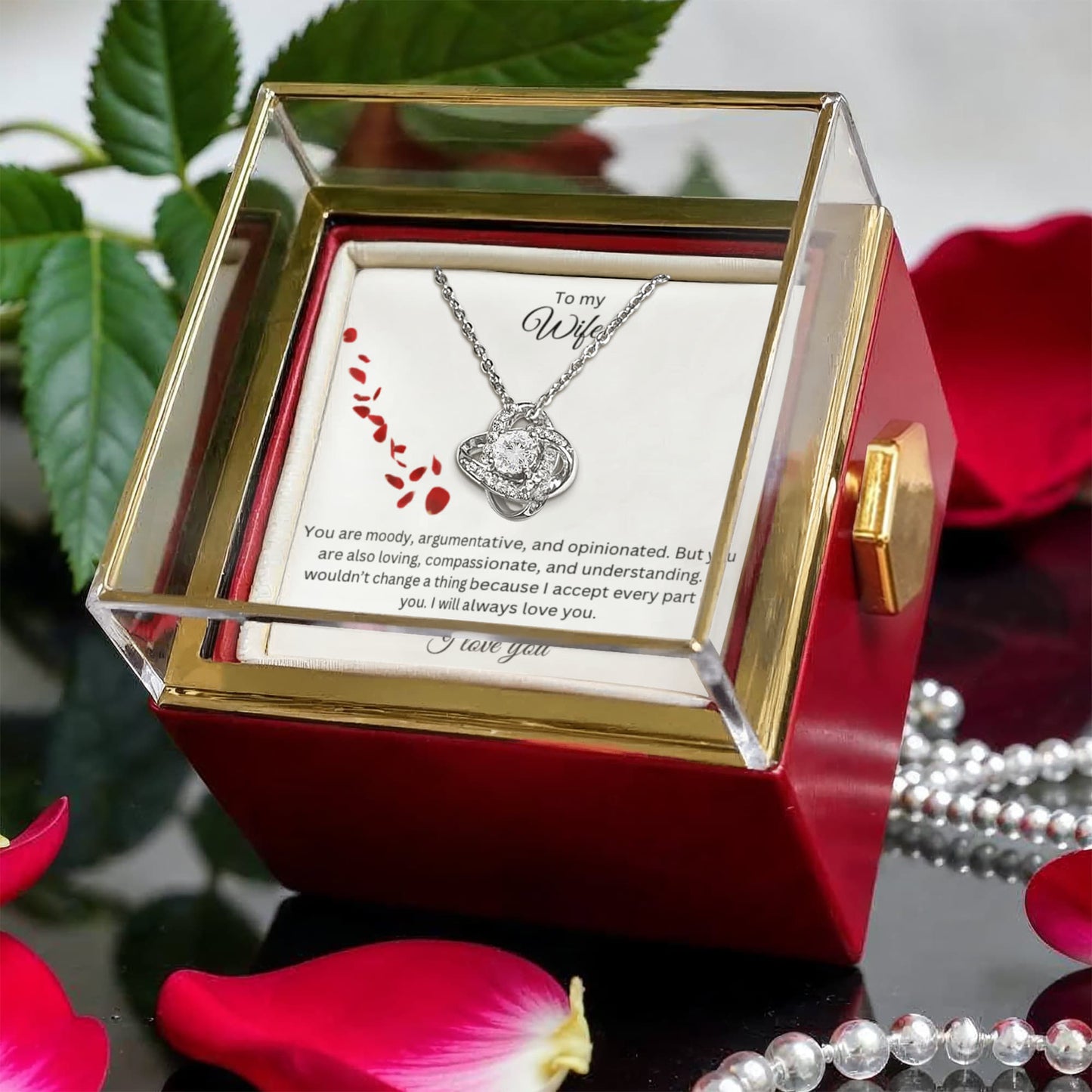 To My Wife: Love Knot Necklace with Rotating Rose Gift Box and Heartfelt Message Card, Meaningful Jewelry