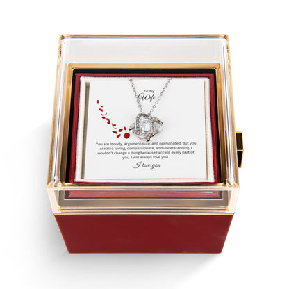 To My Wife: Love Knot Necklace with Rotating Rose Gift Box and Heartfelt Message Card, Meaningful Jewelry