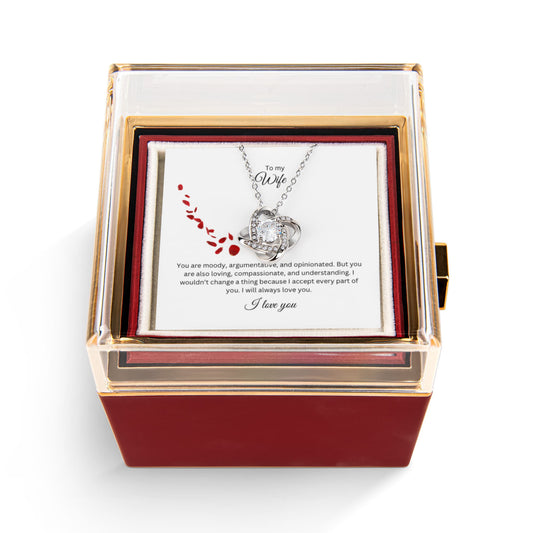 To My Wife: Love Knot Necklace with Rotating Rose Gift Box and Heartfelt Message Card, Meaningful Jewelry